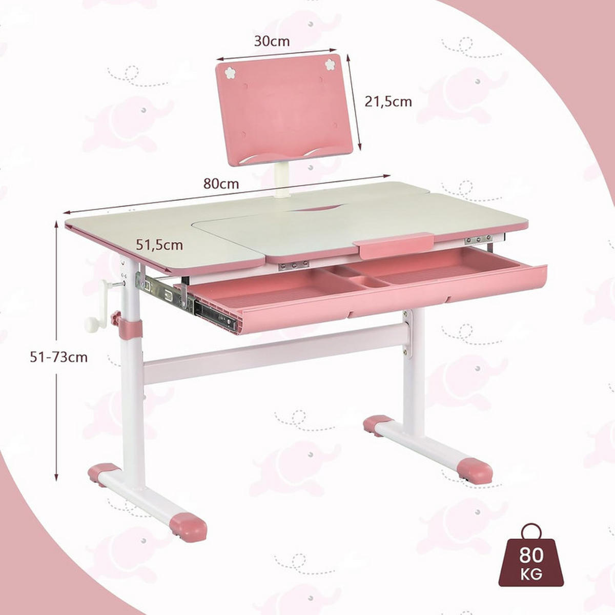 KINDERSCHREIBTISCH höhenverstellbar rosa - Pink, Metall (80/51/51.5cm) - COSTWAY