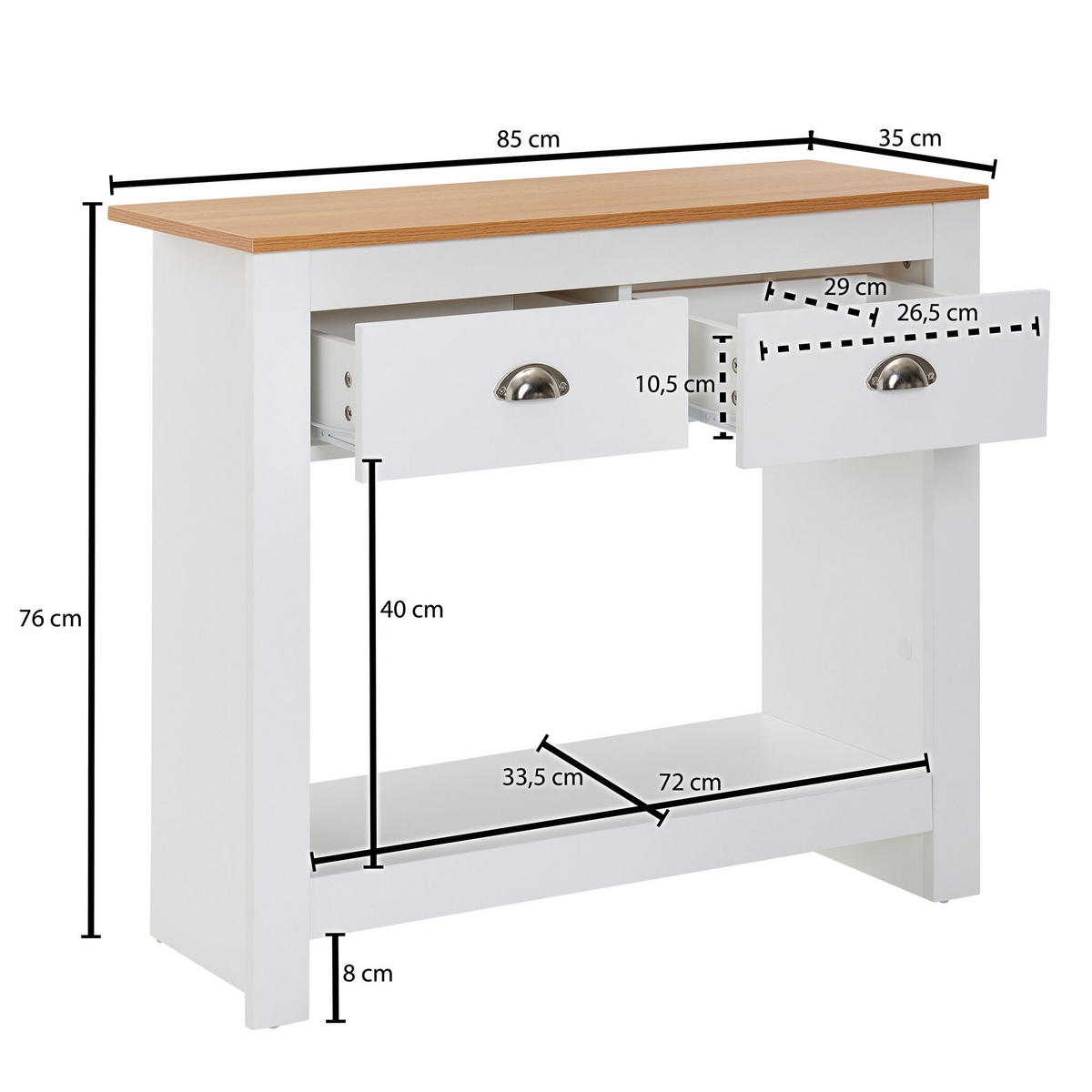 KONSOLENTISCH – Eiche-Weiß, 2 Schubladen, offenes Fach, melaminbeschichtet - Weiß, Holz/Metall (35/85/76cm) - KADIMA DESIGN