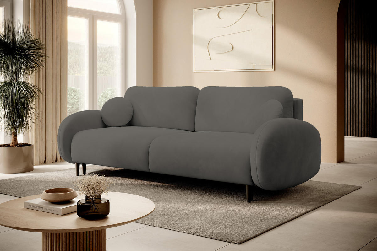 SOFA SOFT RunAgin Mit Schlaffunktion Und Bettkasten, PUR-Schaum, Schwarze Kunststofffüße, lose Rückenkissen, freistehend, 232x109x95 cm Dark grey - Dunkelgrau, Holz/Textil (232/95/109cm) - DomoHome