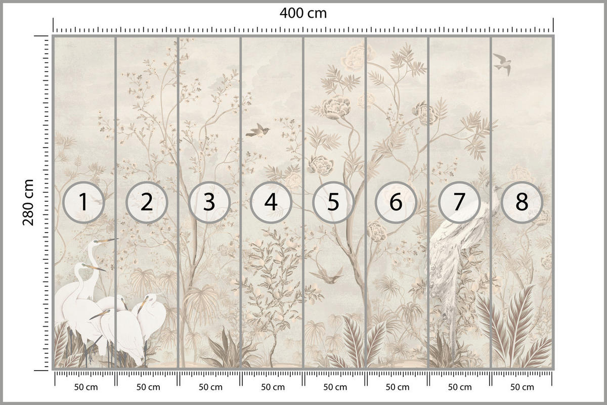 FOTOTAPETE für Esszimmer Weiße Vögel Bäumen Natur Kräne Blumen 400x280 - Beige, Papier (400/280cm) - Muralo