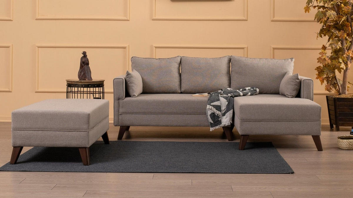 ECKSOFA mit Hocker als Schlaffläche, perfekt für kleine Räume - Walnussfarben/Creme, Holz/Kunststoff (140/205cm) - myHomelando