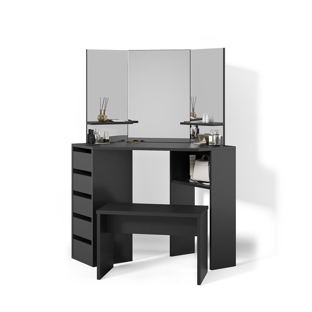 ECKSCHMINKTISCH Enna Schwarz 110 cm mit Bank - Schwarz, Holzwerkstoff (110/141.5/54cm) - Livinity®