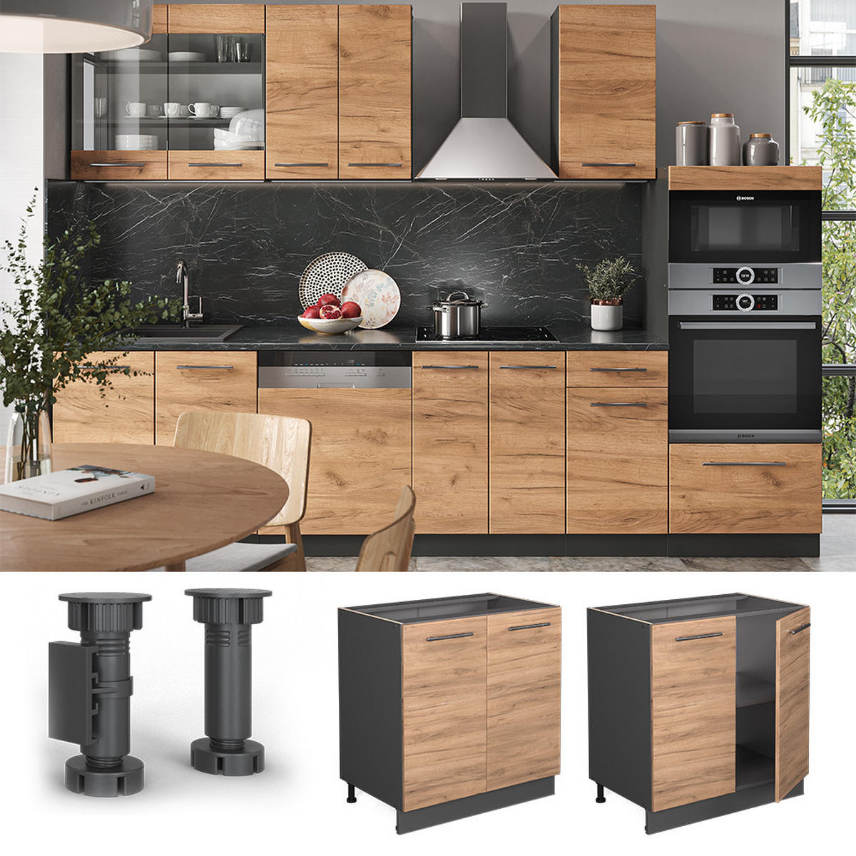 SPÜLENUNTERSCHRANK Fame-Line Goldkraft Eiche 80 cm mit Regal, AP Eiche - Anthrazit/Eiche Wotan, Holzwerkstoff (80/82/60cm) - Vicco