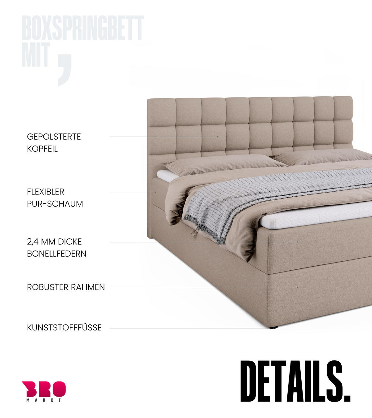 BOXBETT Dakota mit Topper 180/200 Beige - Beige, Textil (180/200cm) - Bromarkt