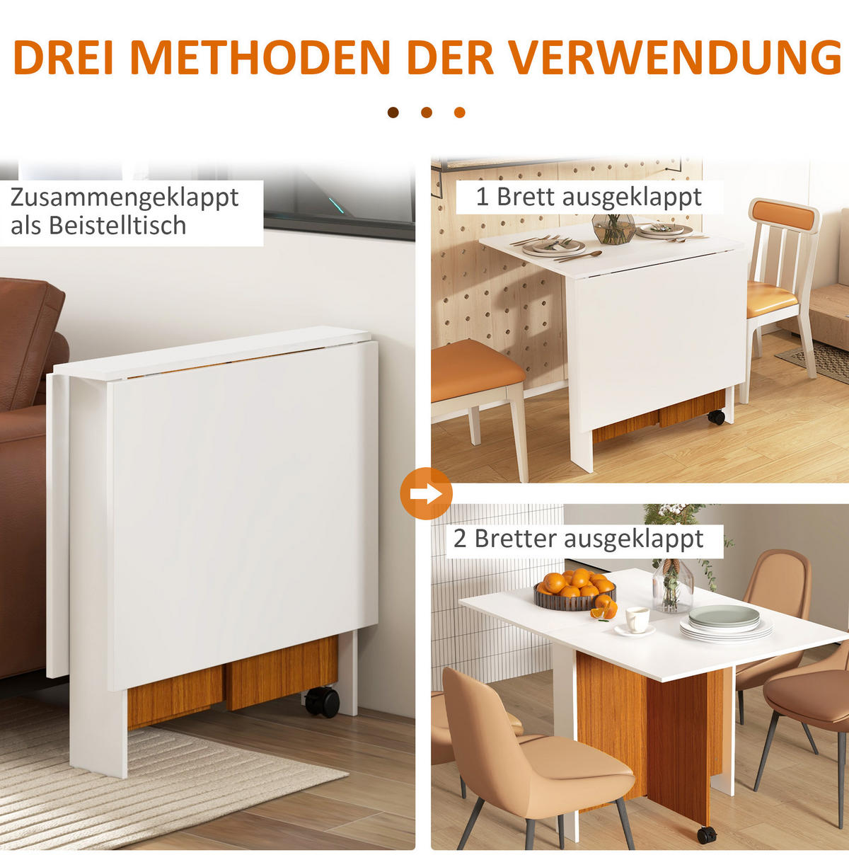 KLAPPTISCH 120/80/73 cm mit klappbarer Tischplatte und Rollen, platzsparend aus Holzwerkstoff, Weiß - Weiß, Holzwerkstoff (120/80/73cm) - Redom