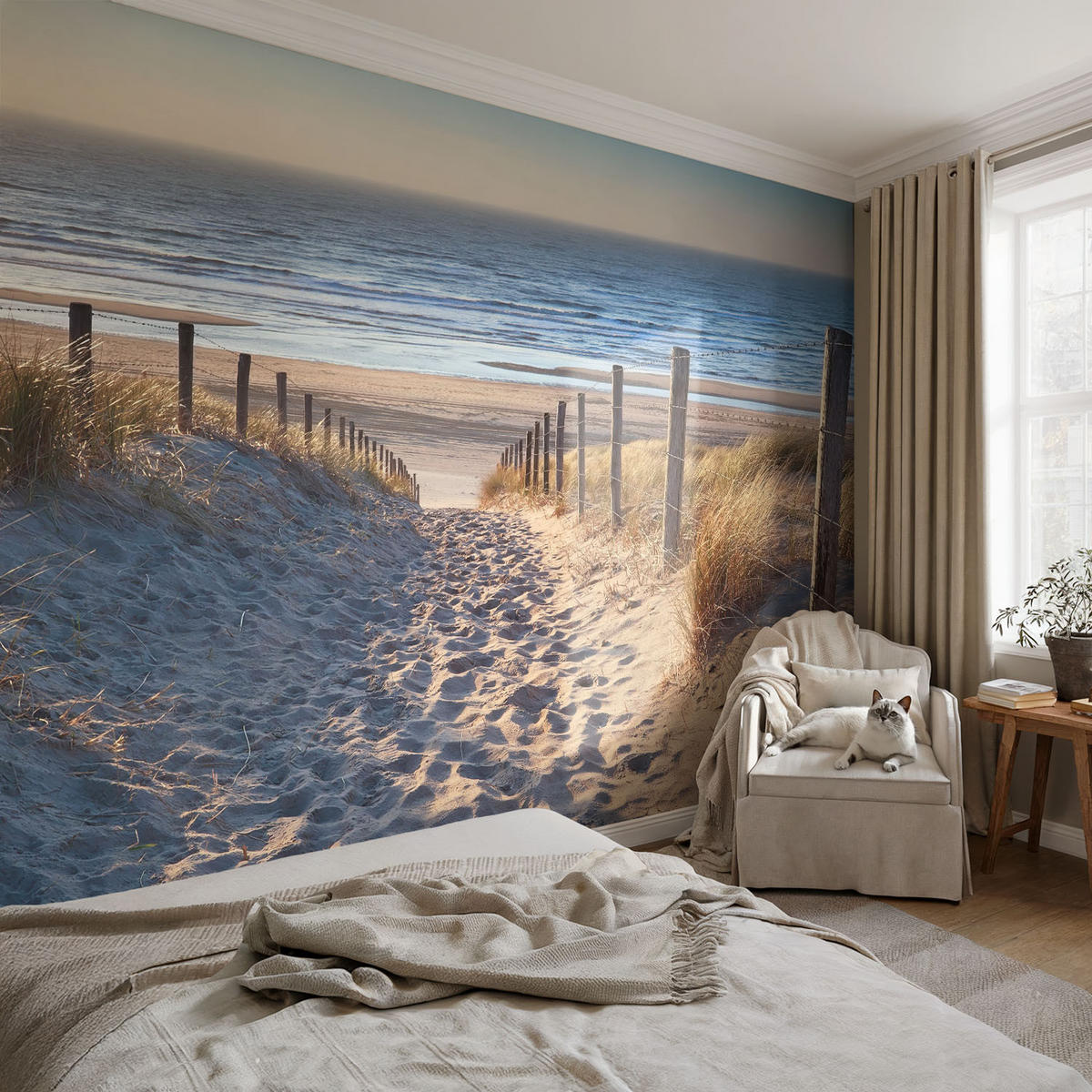 FOTOTAPETE 104x70 cm - Strandweg - Weiß, Textil (104/70cm) - Wallfluent