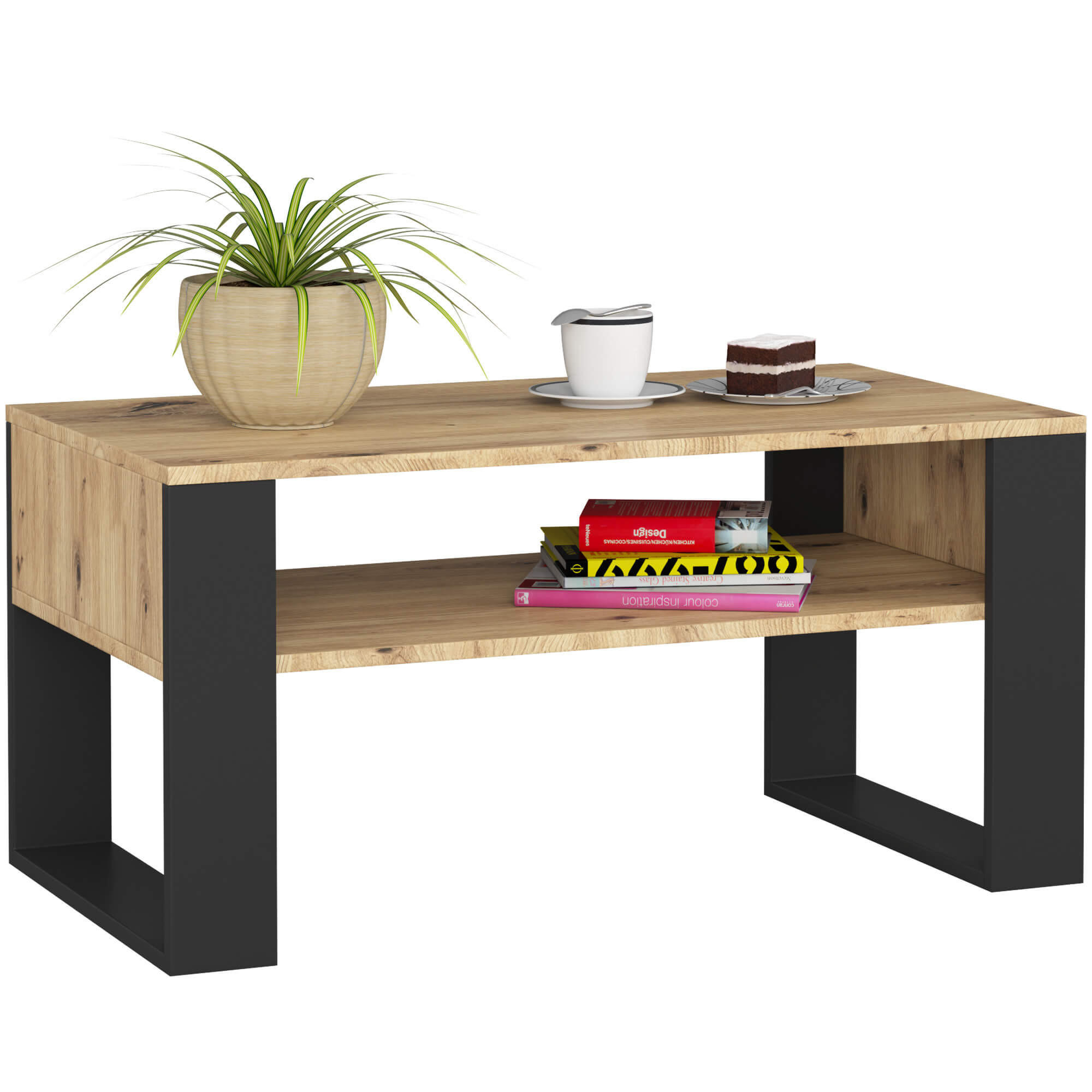 designimpex Couchtisch Eiche Artisan, Schwarz 92x45x50 cm
