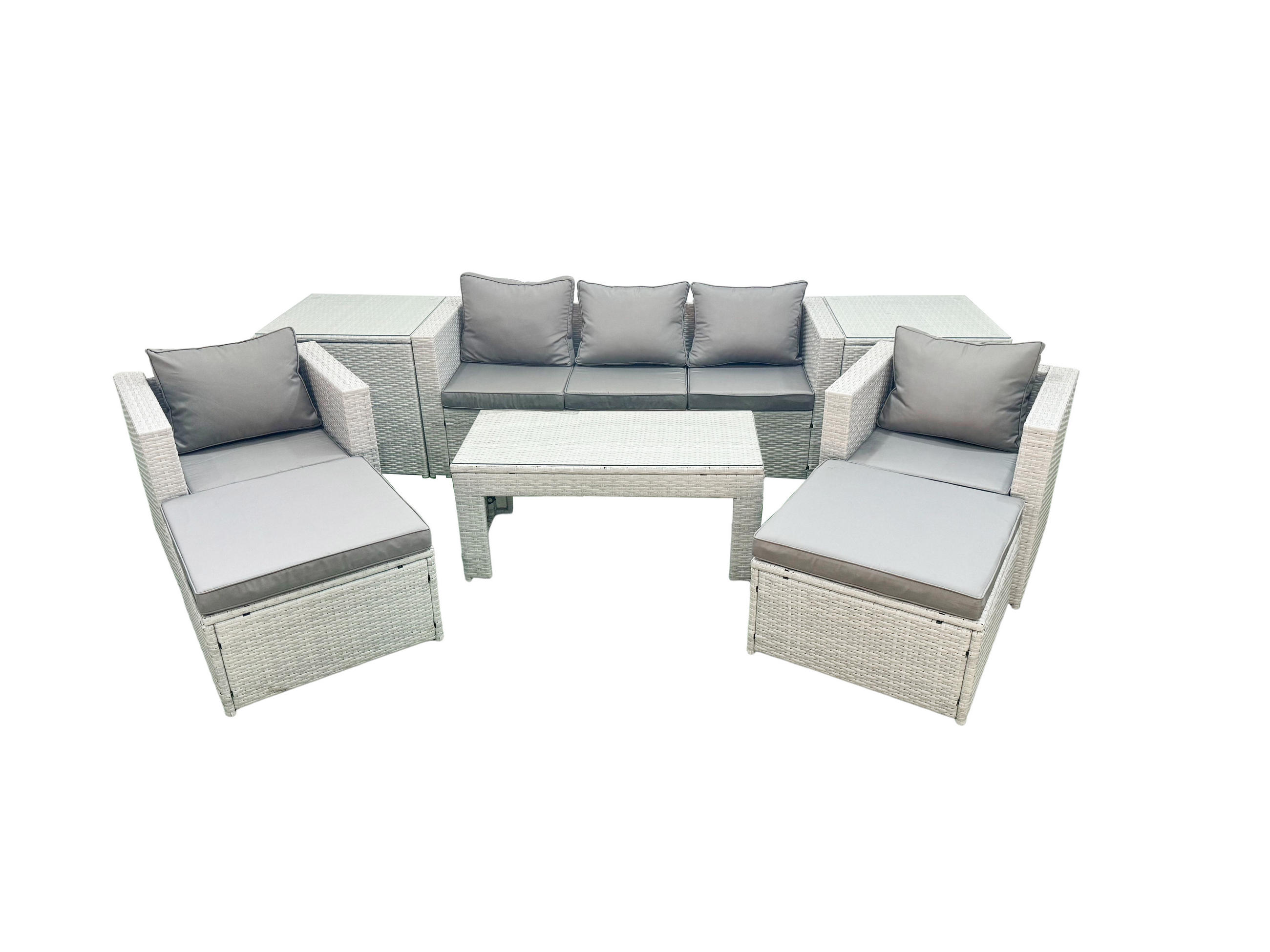 GARTENSET mit 3-SITZER SOFA,COUCHTISCH Polyrattan Hellgrau-Mix 7-Sitzer - Hellgrau/Grau, Glas/Kunststoff - Fimous