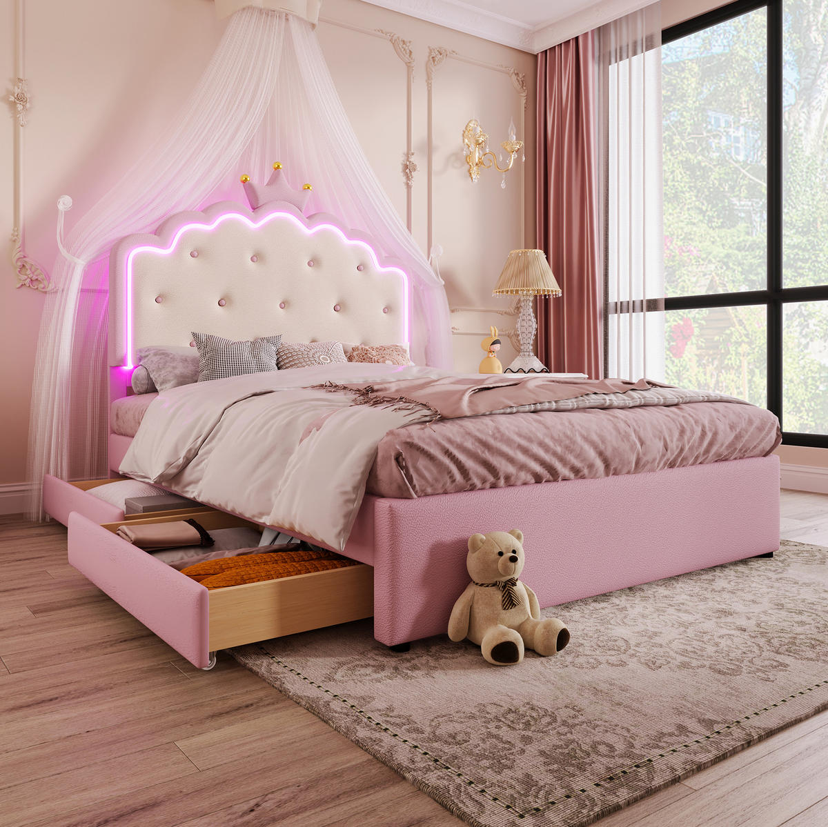 POLSTERBETT 140/200 cm Rosa mit Lattenrost und Ambiente-Beleuchtung - Rosa, Kunststoff (140/200cm) - OKWISH