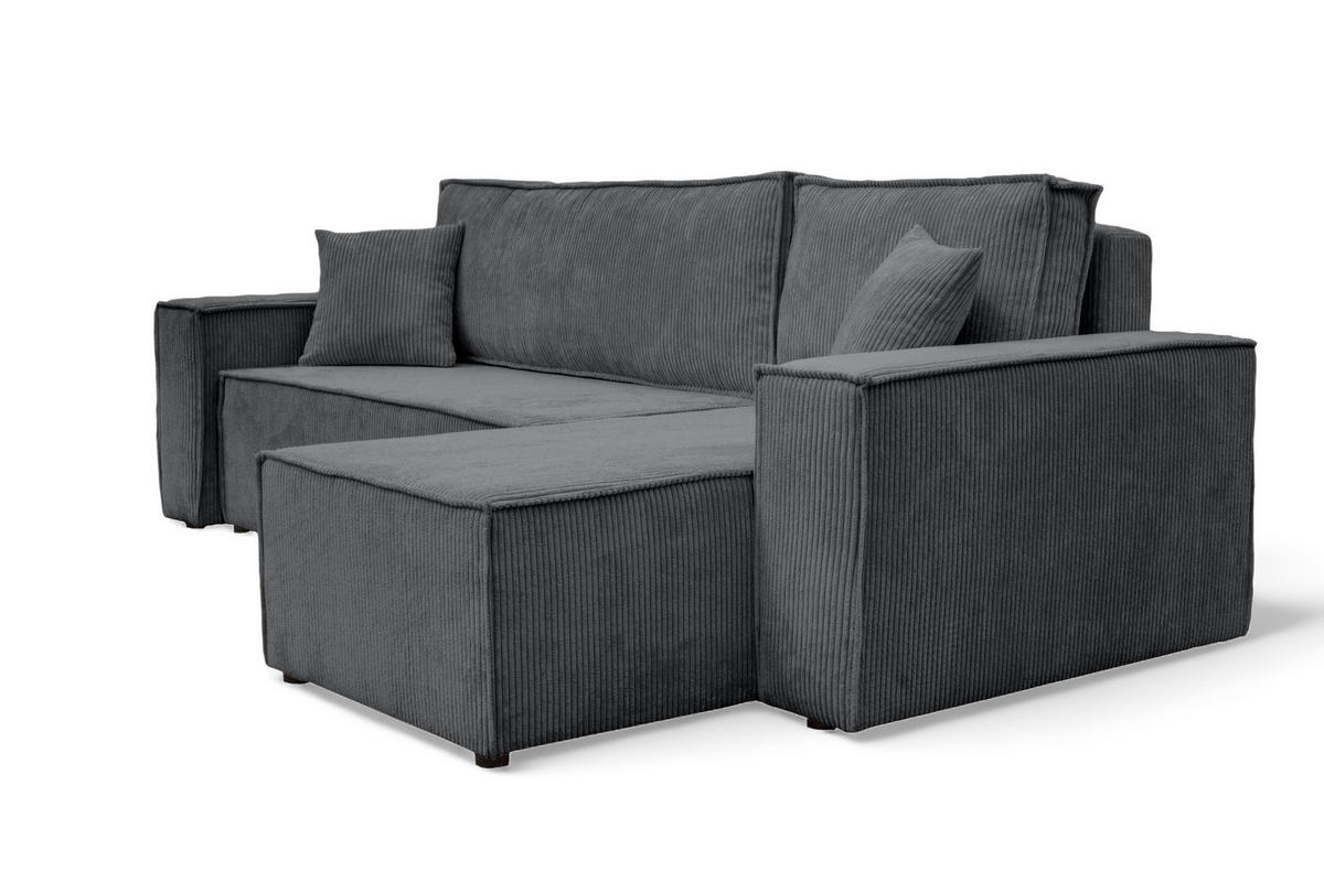 ECKSOFA Hugo L in L-Form mit Schlaffunktion und Bettkasten, Farbe: Dunkelgrau, Cordstoff, Ottomane Unsiversal - Dunkelgrau, Textil (244/145cm) - VENASI MÖBEL