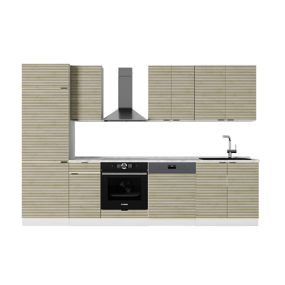 KÜCHENZEILE Fame-Line Eiche Paneel/Weiß 300 cm , AP Marmor - Hellbraun/Weiß, Holzwerkstoff (300/81.6/60cm) - Vicco