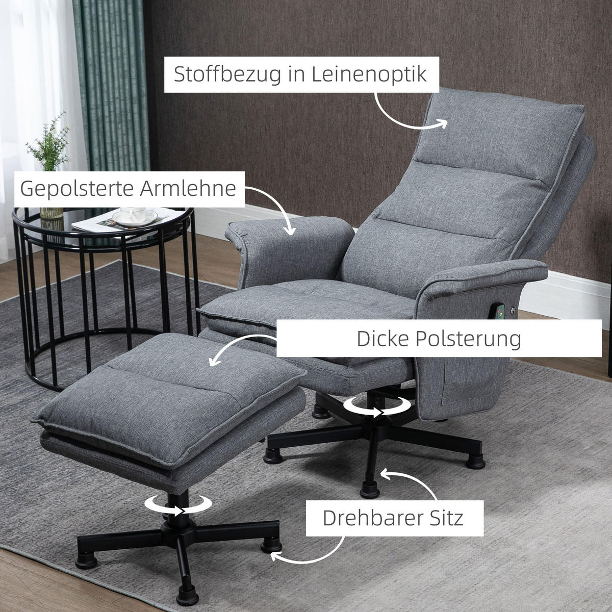 MASSAGESESSEL mit Fußhocker, Grau - Grau, Kunststoff (93/99/78cm) - HOMCOM