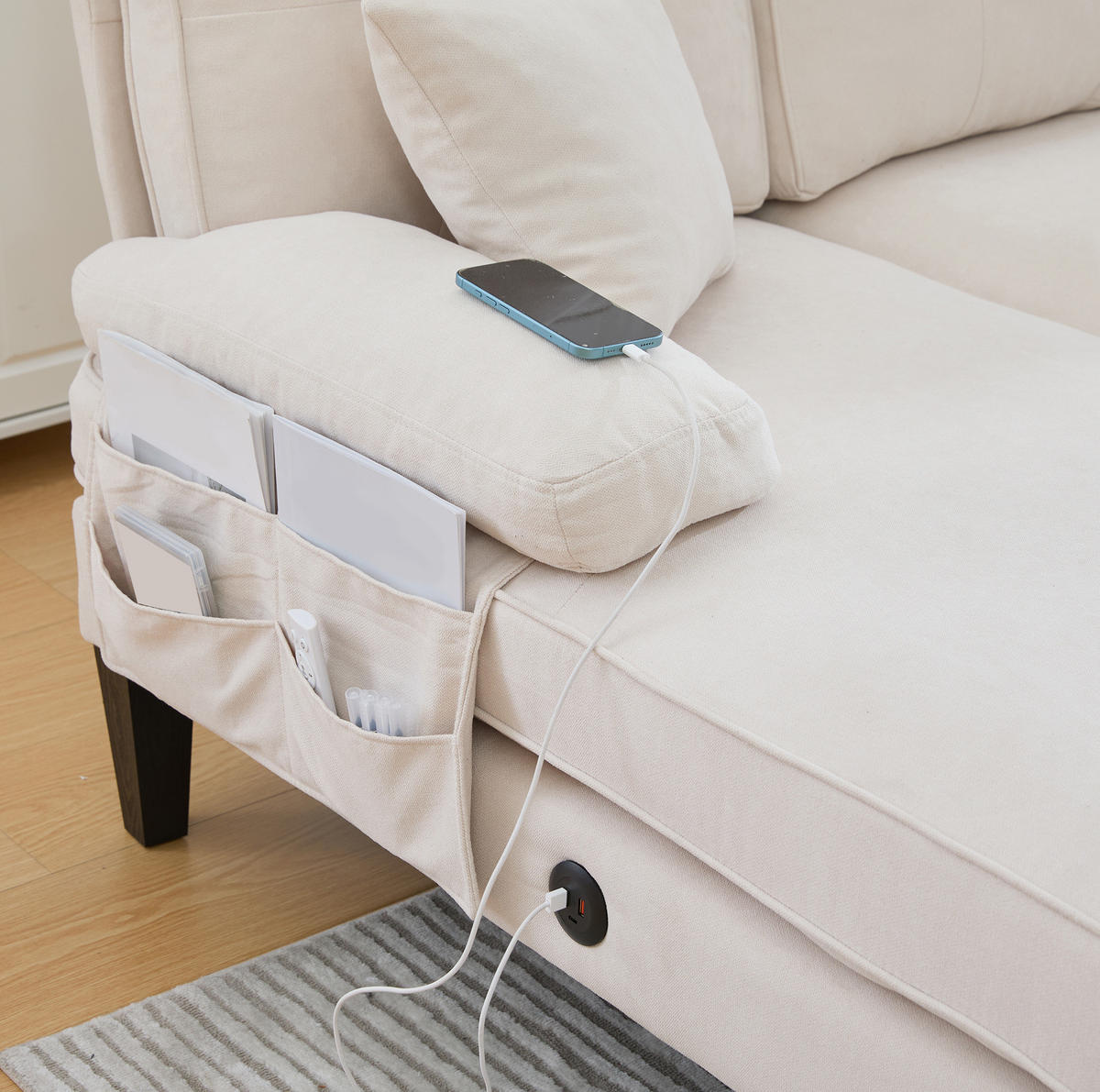 WOHNLANDSCHAFT aus Leinenstoff 250x130x88 cm in Beige mit USB - Beige, Textil (130/88/250cm) - Modfu