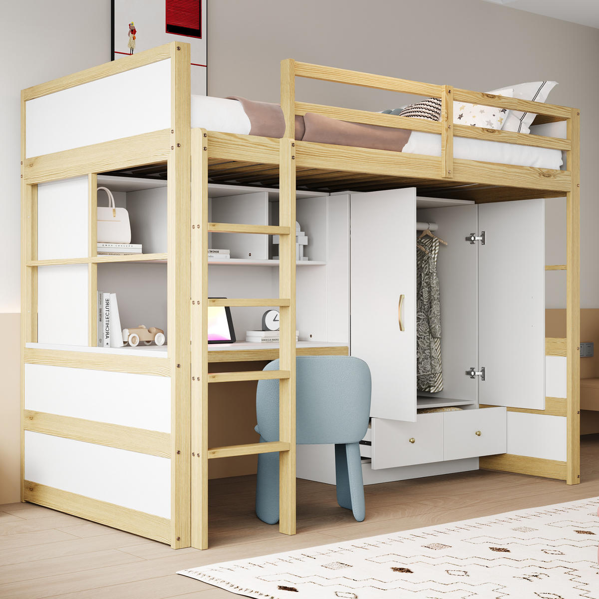 HOCHBETT aus Massivholz 90x200 cm in Naturholz mit Schreibtisch & Kleiderschrank - Naturfarben, Holz (90/200cm) - Modfu