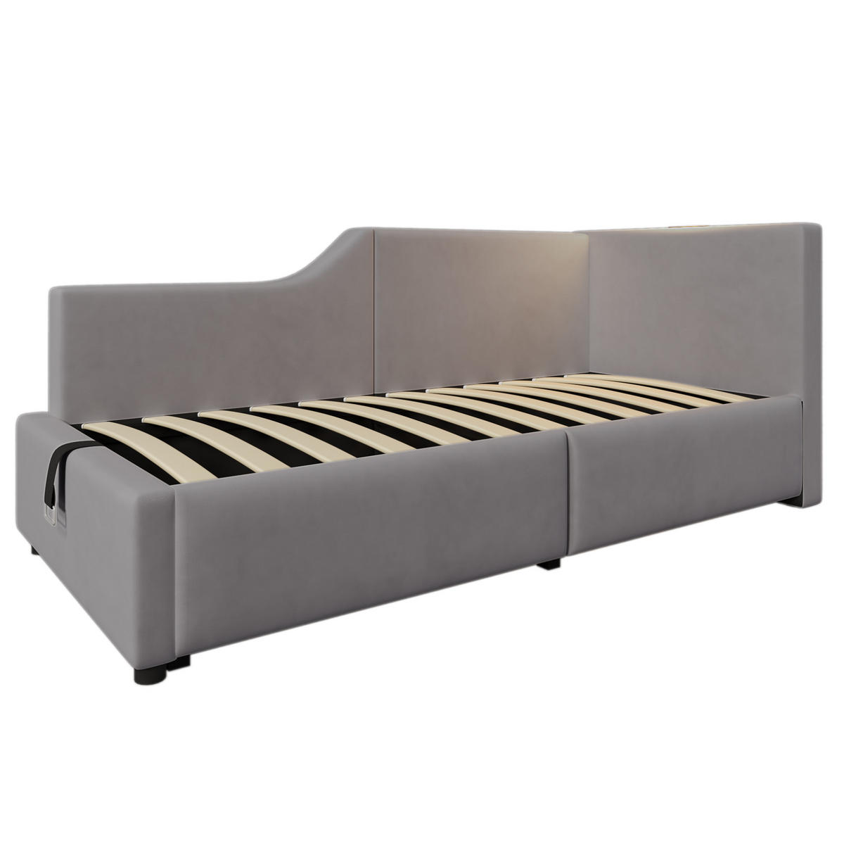 POLSTERBETT 90/190 cm aus Samt Grau mit Stauraum und USB- und Type-C-Anschlüssen - Grau, Textil (90/190cm) - Flora Grace