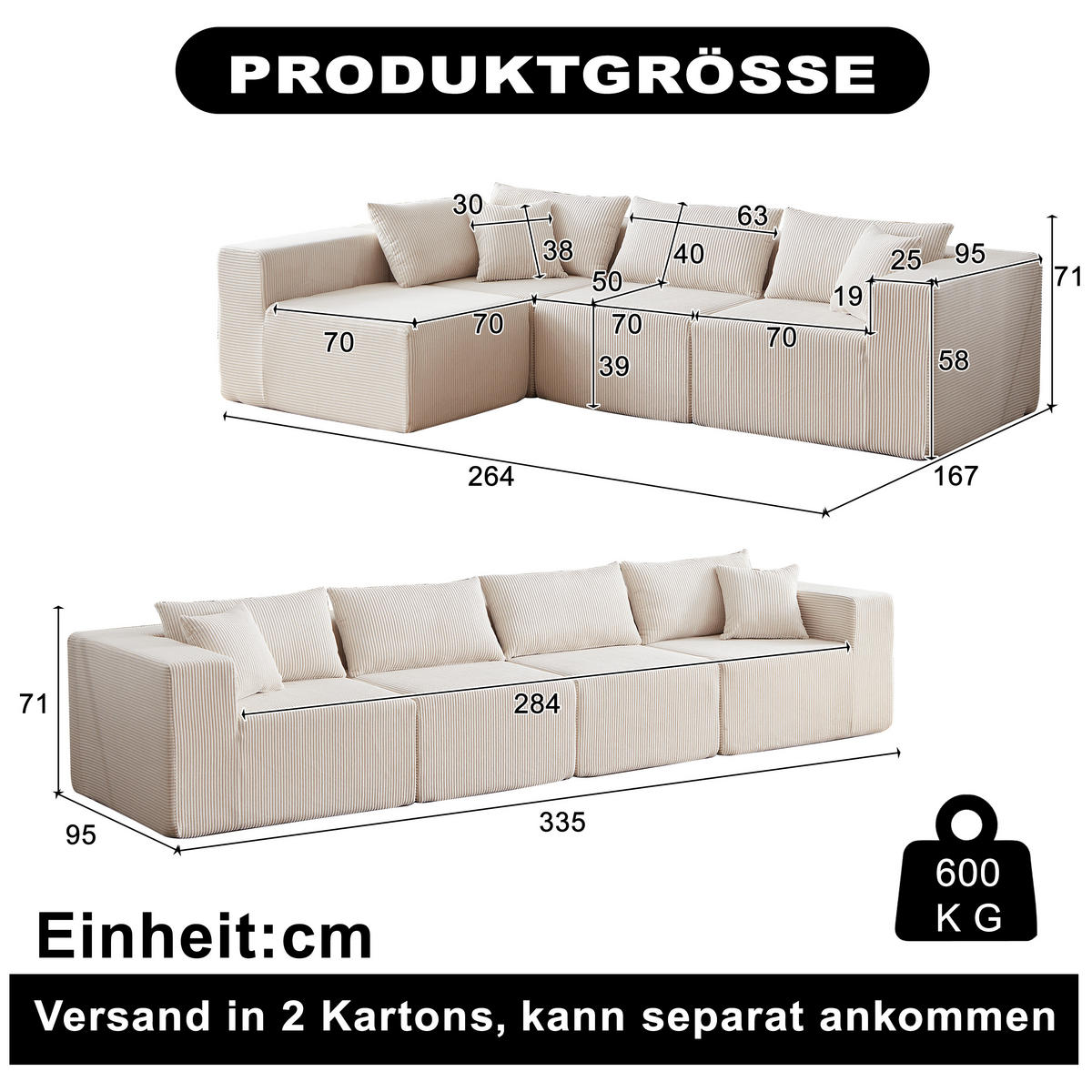 ECKSOFA 264/167/71 cm Beige Cord, 4 Sitze - Beige, Textil (167/264cm) - Oxeza