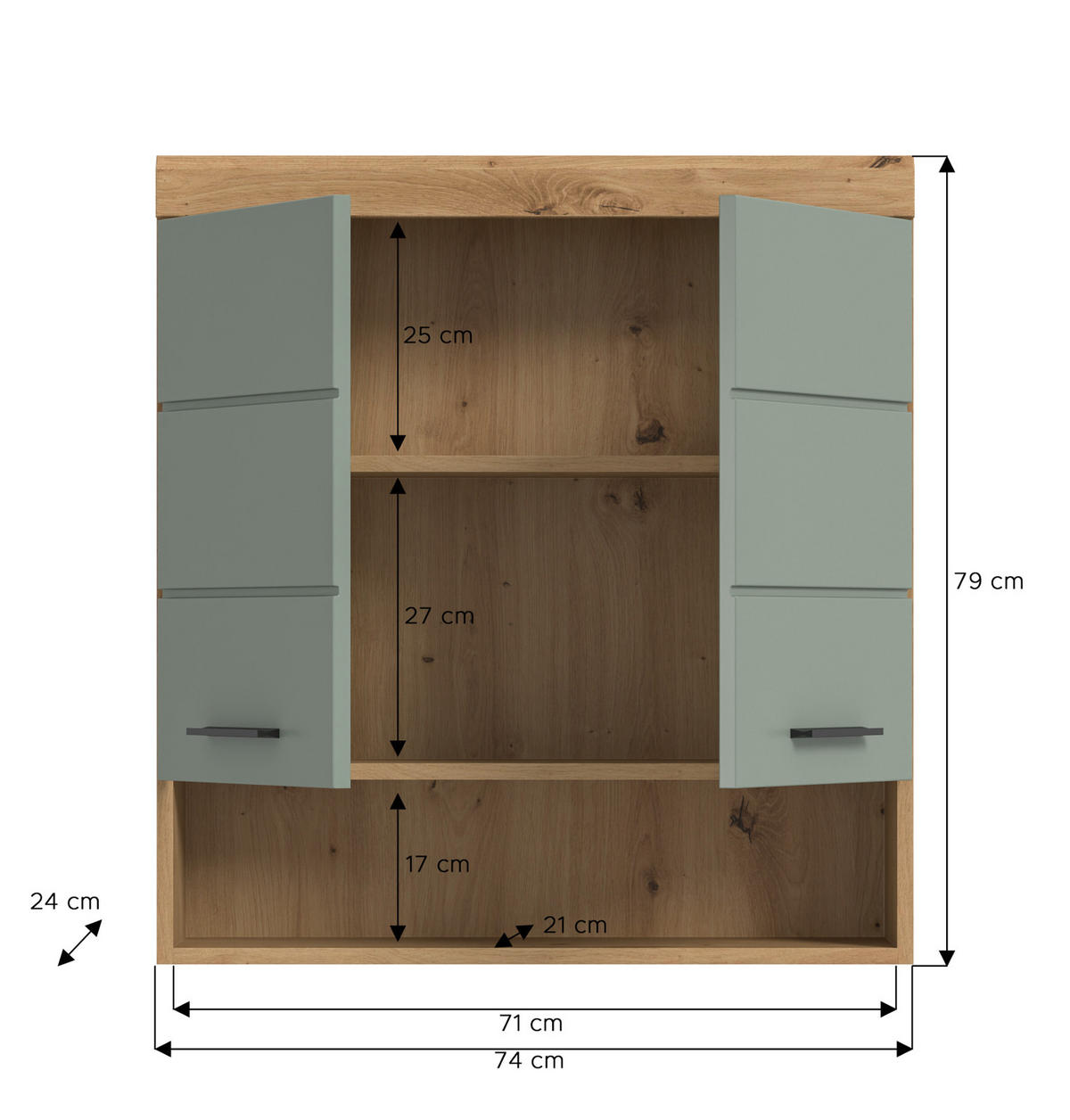 HÄNGESCHRANK Salbei grün, Eiche Artisan 74 x 79 cm, Badschrank hängend - Salbeigrün/Schwarz, Holzwerkstoff/Kunststoff (74/79/24cm) - Inn.Furn