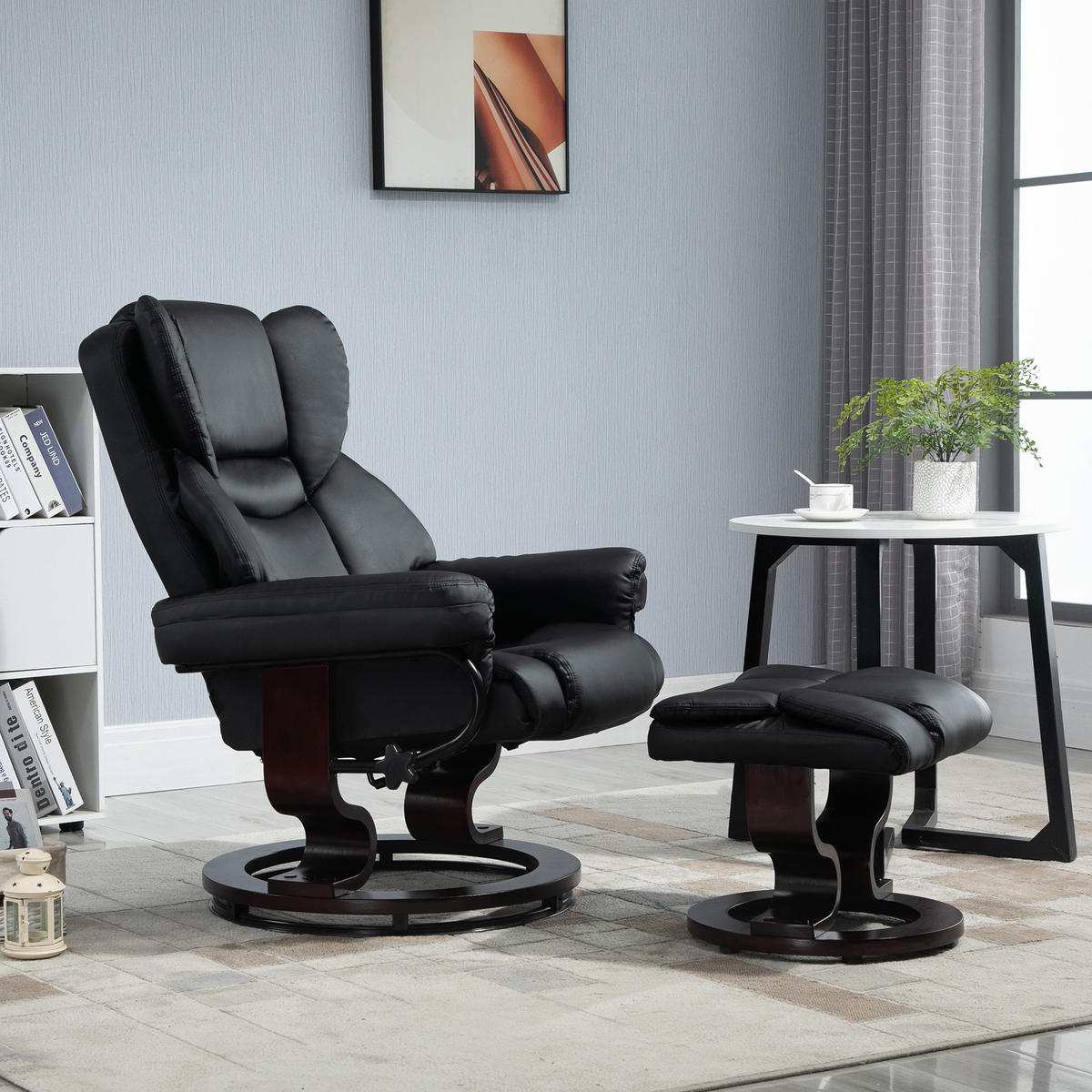 RELAXSESSEL mit Hocker, drehbarer Fernsehsessel, TV-Sessel mit Liegefunktion - Schwarz, Leder/Holz (79/100/80cm) - HOMCOM