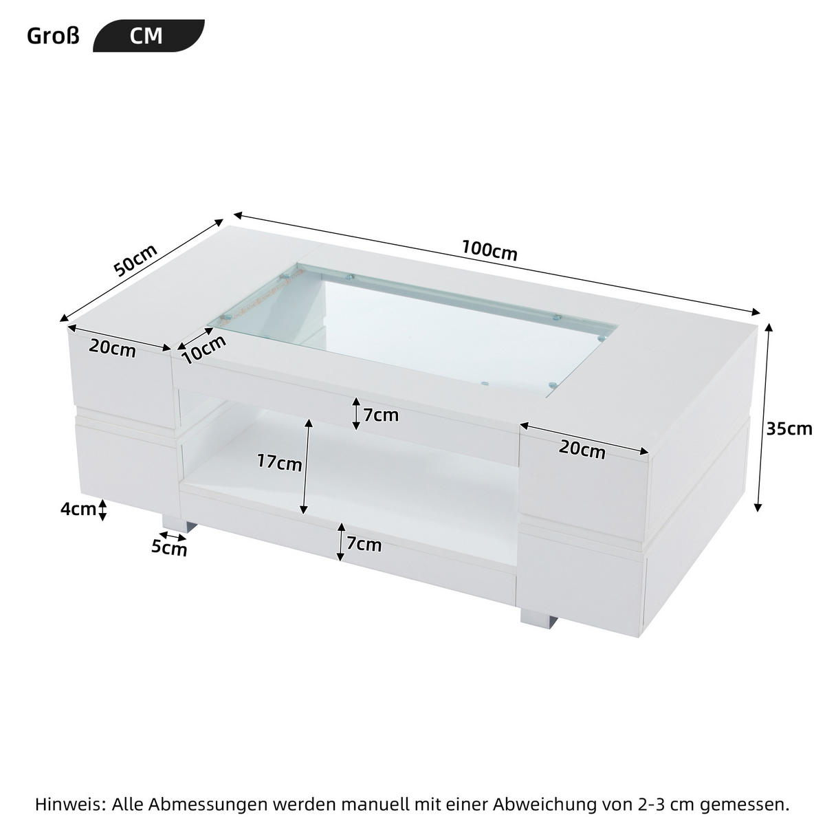 KONFERENČNÍ stolek 100/50/35 cm bílý z dřevotřísky s LED osvětlením a skleněnou deskou - bílá, kompozitní dřevo (100/50/35cm) - OKWISH