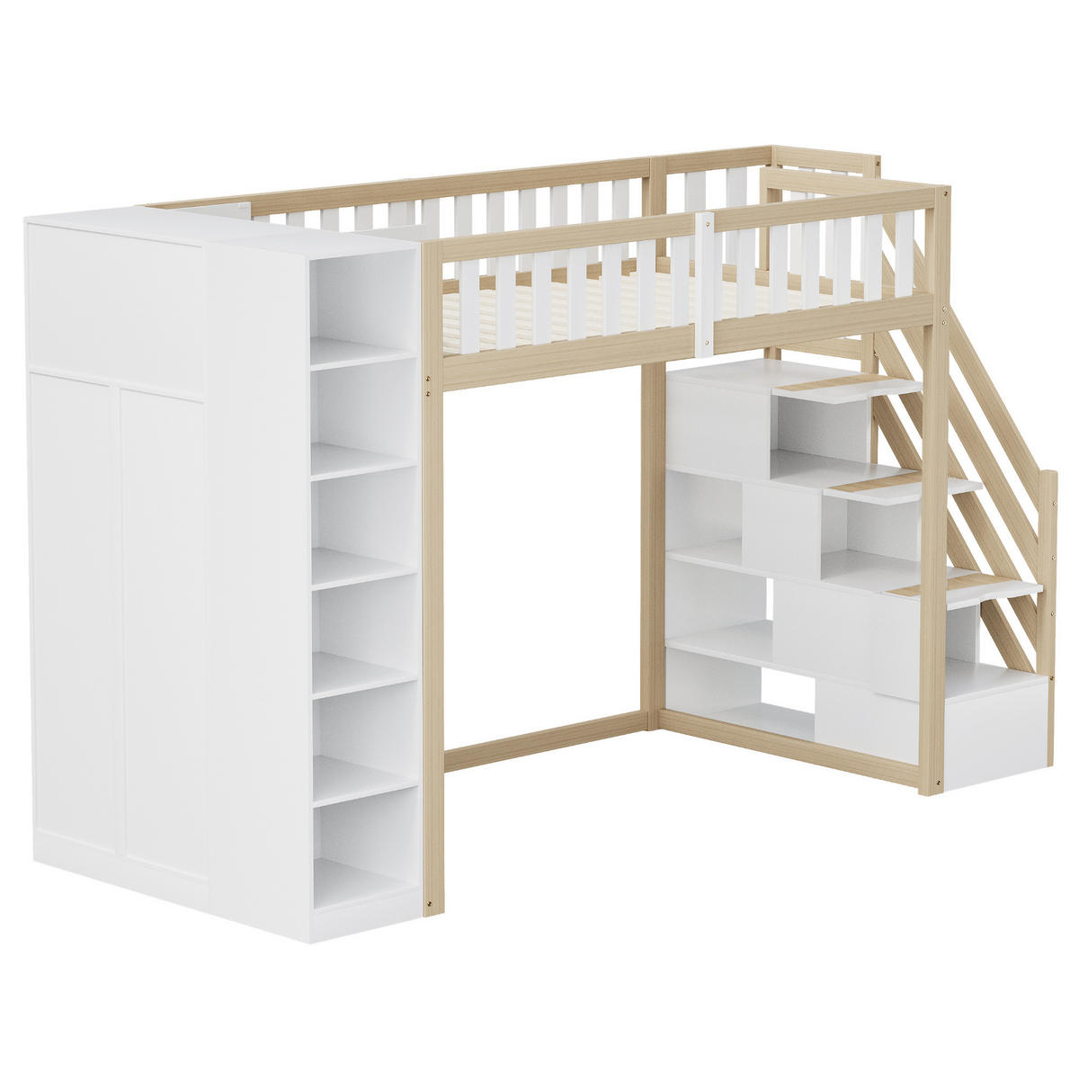 HOCHBETT 90/200 cm mit Kleiderschrank, Regalen und Sicherheitsleiter mit Stauraum, Weiß/Natur - Weiß, Holzwerkstoff (90/200cm) - Redom