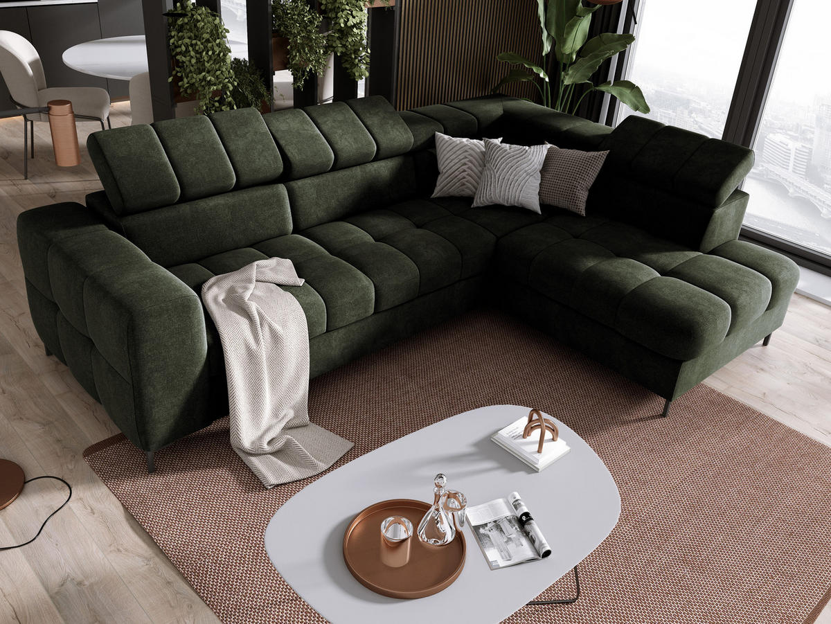 ECKSOFA PABLOS Vogue, L-förmig, Moderne, mit verstellbarem Kopfteil, Schlaf- & Lagermöglichkeiten, freistehend, RECHTS 279x201x97 cm Green - Grün, Holz/Textil (279/201cm) - DomoHome