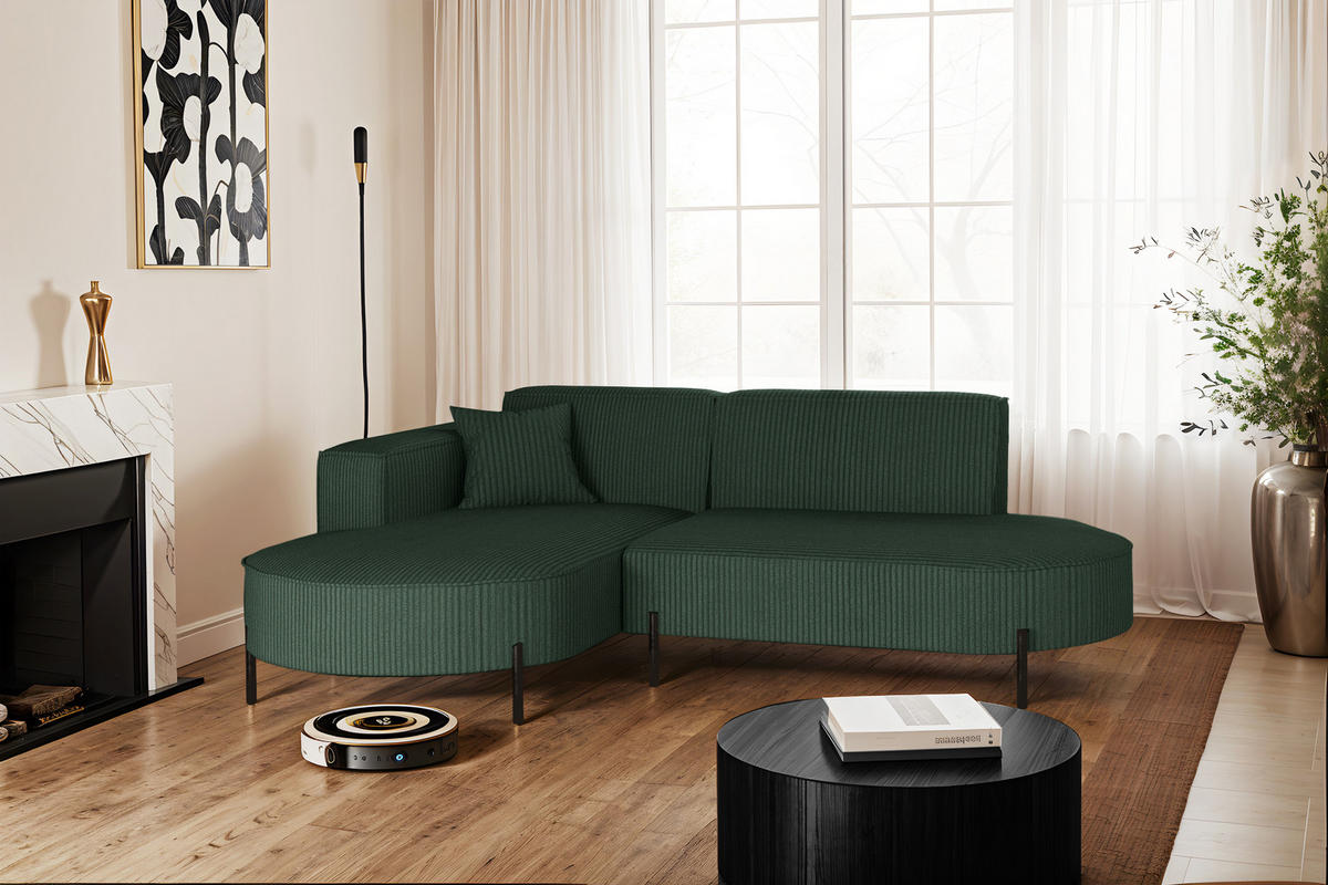 ECKSOFA L-Form Designer Modena Rein stoff Cord Grün Links - Grün, Holzwerkstoff (165/236cm) - Kaiser Möbel