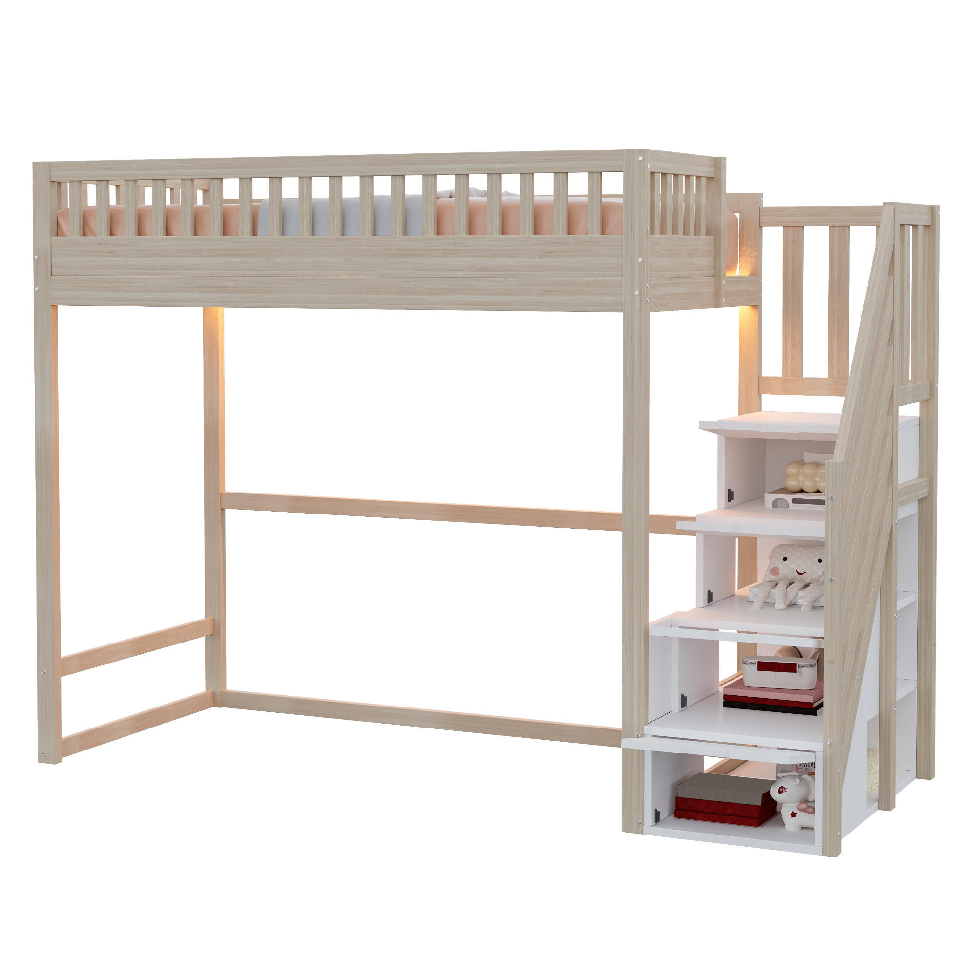 HOCHBETT 90/200 cm Natur aus Holz mit Stauraumtreppe und LED - Naturfarben, Holzwerkstoff (90/200cm) - OKWISH