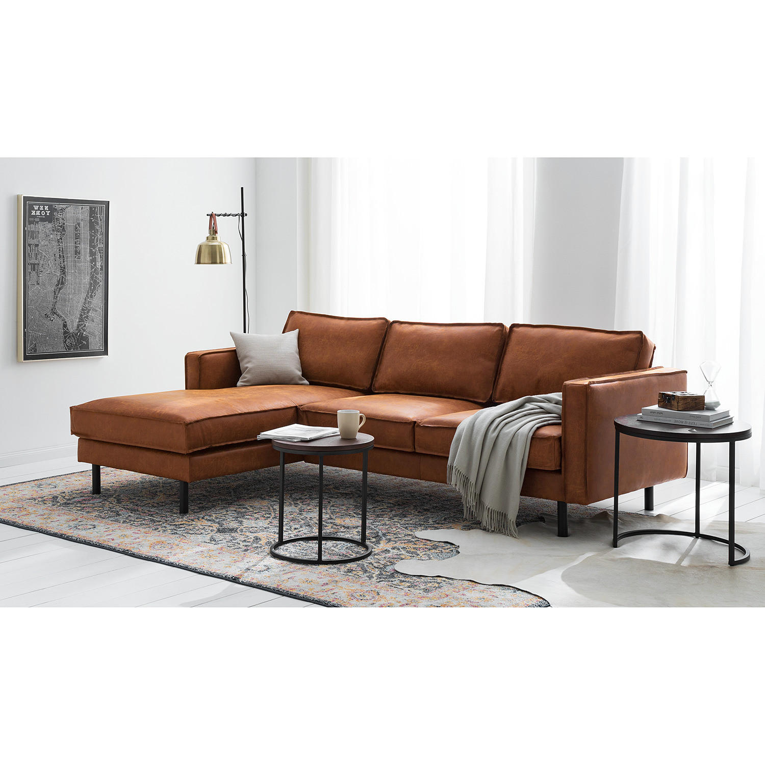 ECKSOFA mit Longchair - Cognac/Schwarz, Textil (236/164cm) - home24