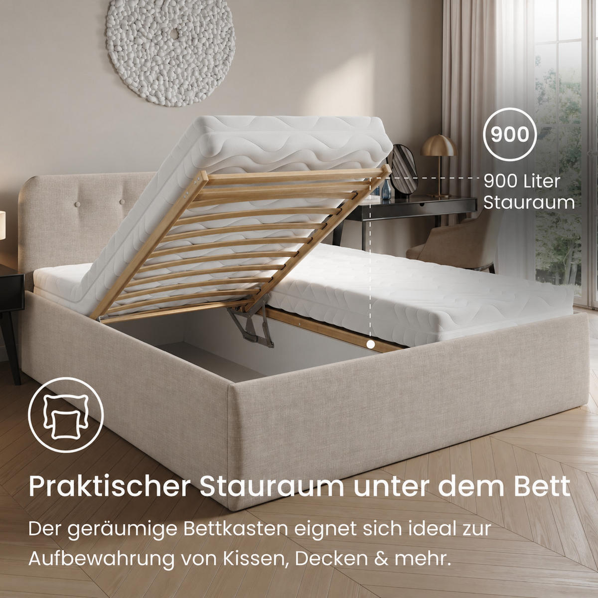 POLSTERBETT mit verstellbarem Lattenrost & Bettkasten, Kaltschaummatratze, 180 x 200 cm in Creme - Creme, Holzwerkstoff/Textil (180/200cm) - Home Collective
