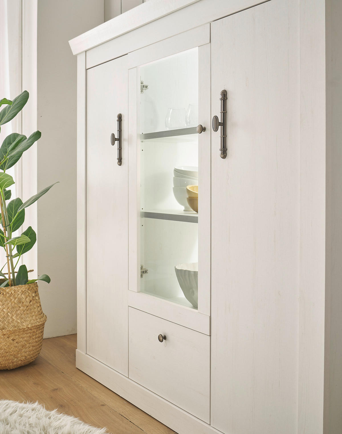 HIGHBOARD weiß Pinie Landhaus, Anrichte mit Soft-Close und Beleuchtung - Weiß, Holzwerkstoff/Kunststoff (141/146/45cm) - Furn.Design