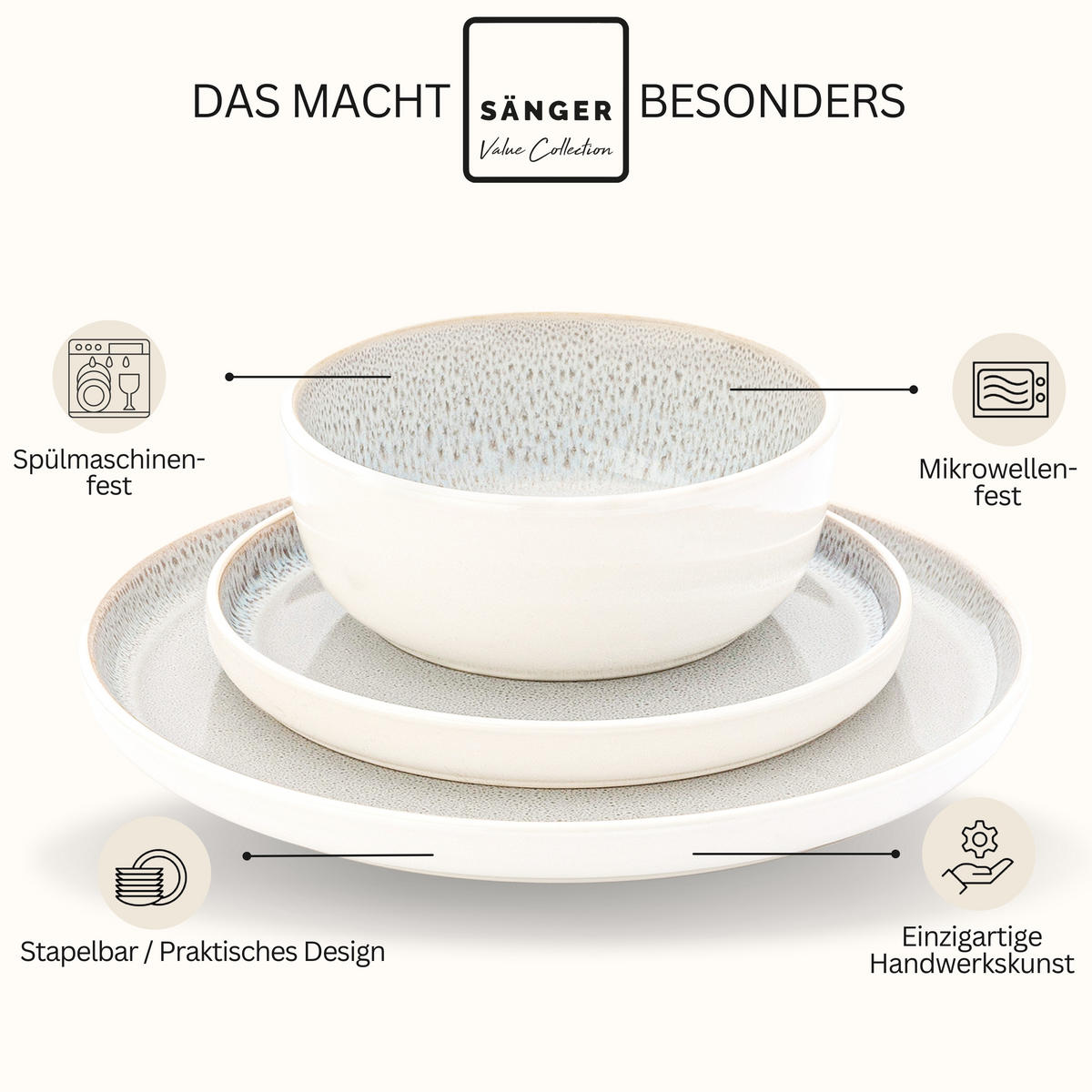 TAFELSERVICE KRETA - 24 teilig aus Steingut - Creme, Stein (27/6.5/27cm) - Sänger