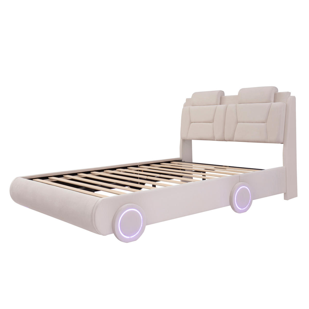 AUTOBETT 140/200 cm mit LED-Rädern, DE-41742, in Cremeweiß - Beige, Holz (140/200cm) - ComfortXL