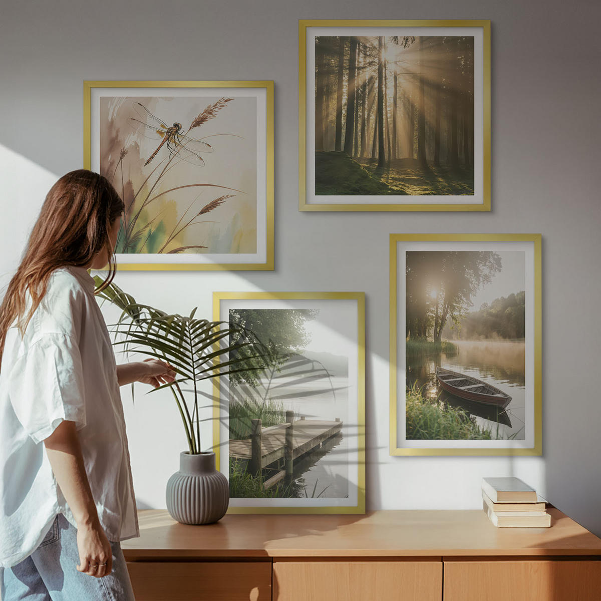 BILDER SET 4er Set - 50x50 cm & 40x60 cm Goldrahmen - See, Wald, Boot, Morgennebel - Goldfarben, Kunststoff (50/50cm) - TULUP