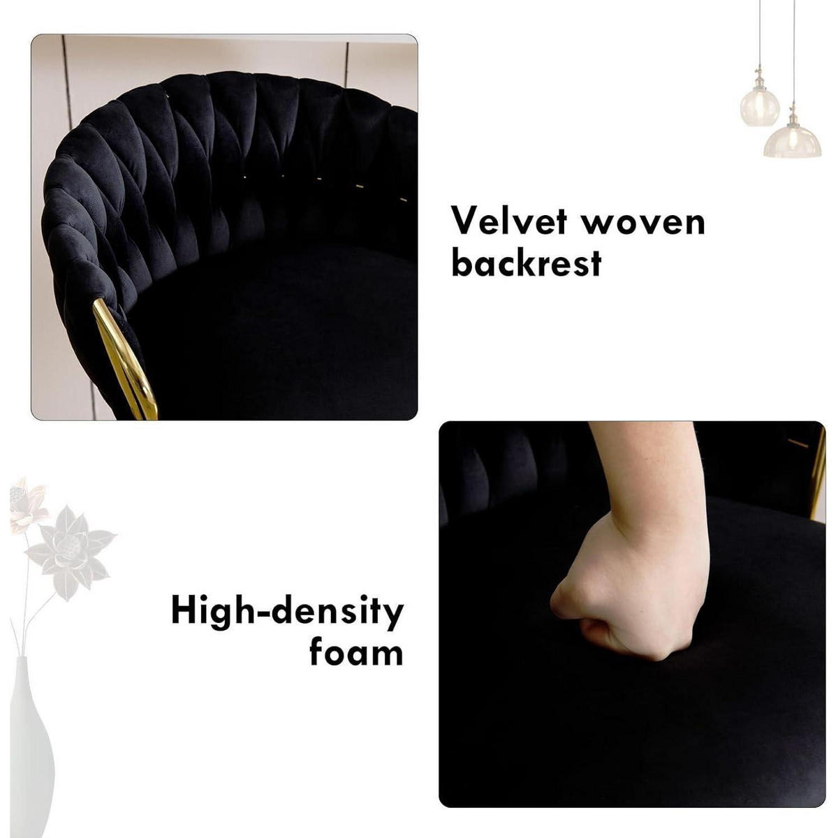 BARHOCKER 2er-Set Samt Schwarz höhenverstellbar drehbar mit geflochtener Rückenlehne und goldener Fußstütze - Schwarz, Textil (42/100/39cm)