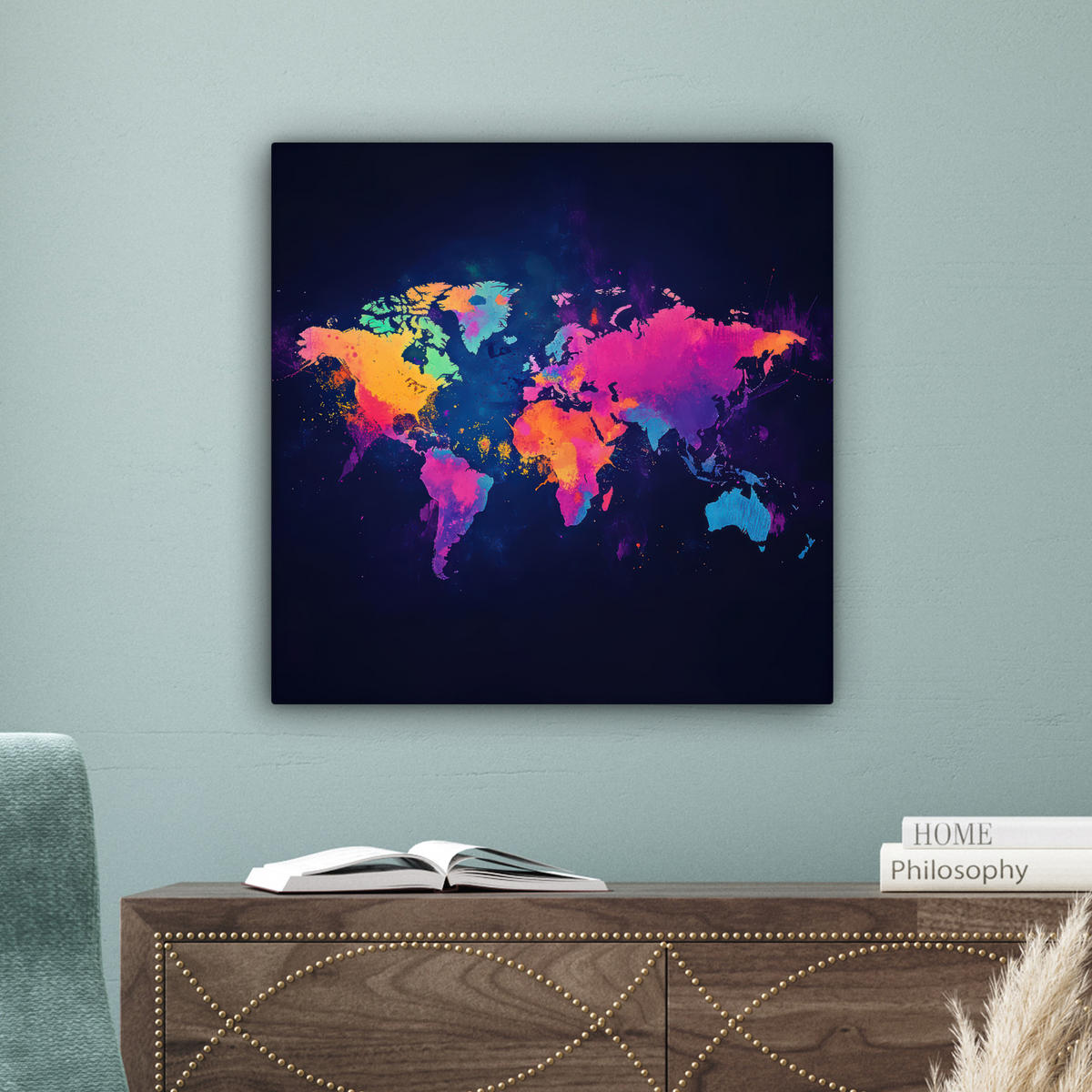 LEINWANDBILD Weltkarte - Bunt - Graffiti 50x50 cm - Multicolor, Textil (50/50cm) - MuchoWow