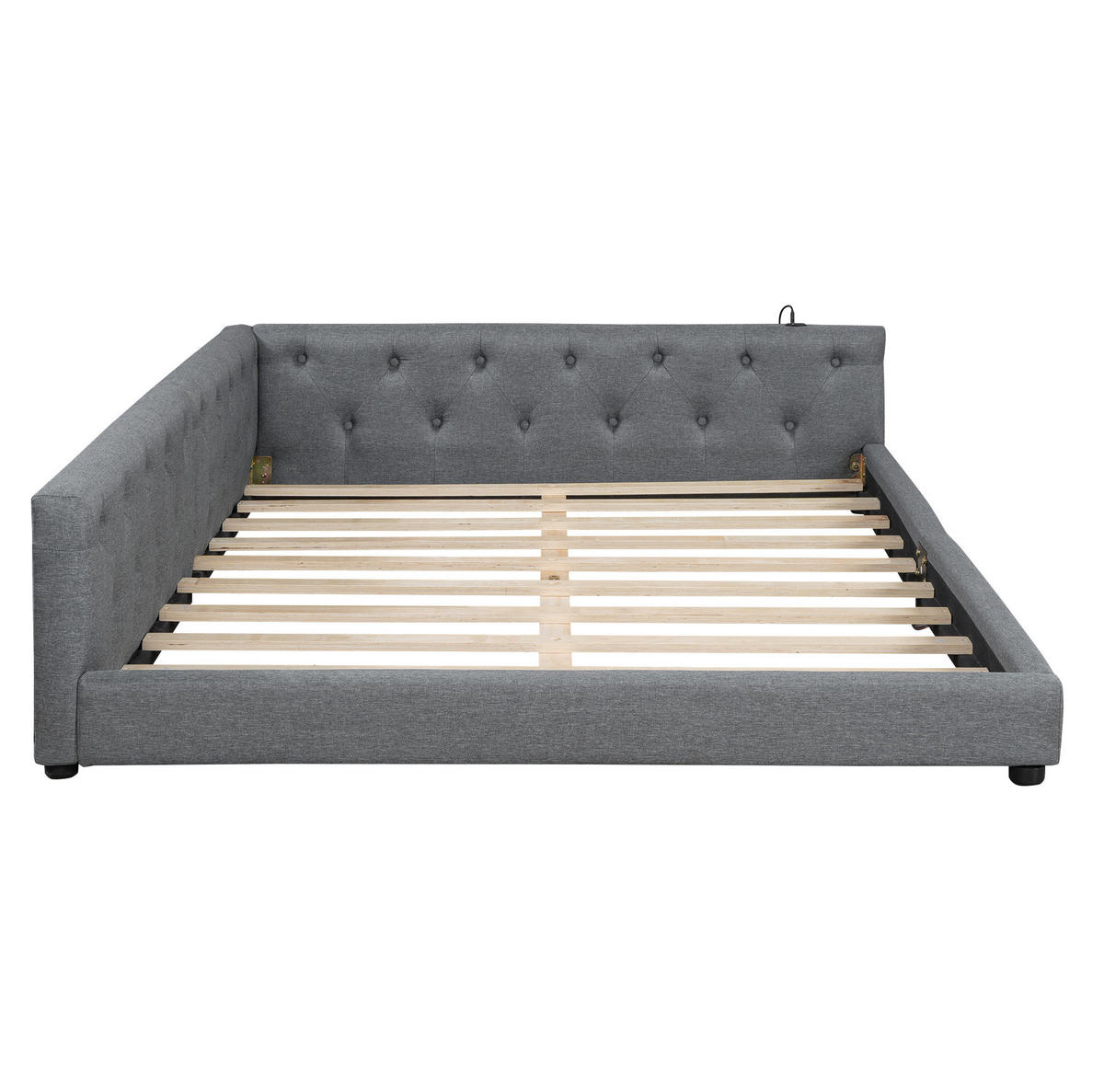 POLSTERBETT aus Leinen und MDF 140x200 cm Grau mit LED-Beleuchtung, USB- und Type-C-Anschluss, Knopfheftung - Grau, Textil (140/200cm) - Modfu