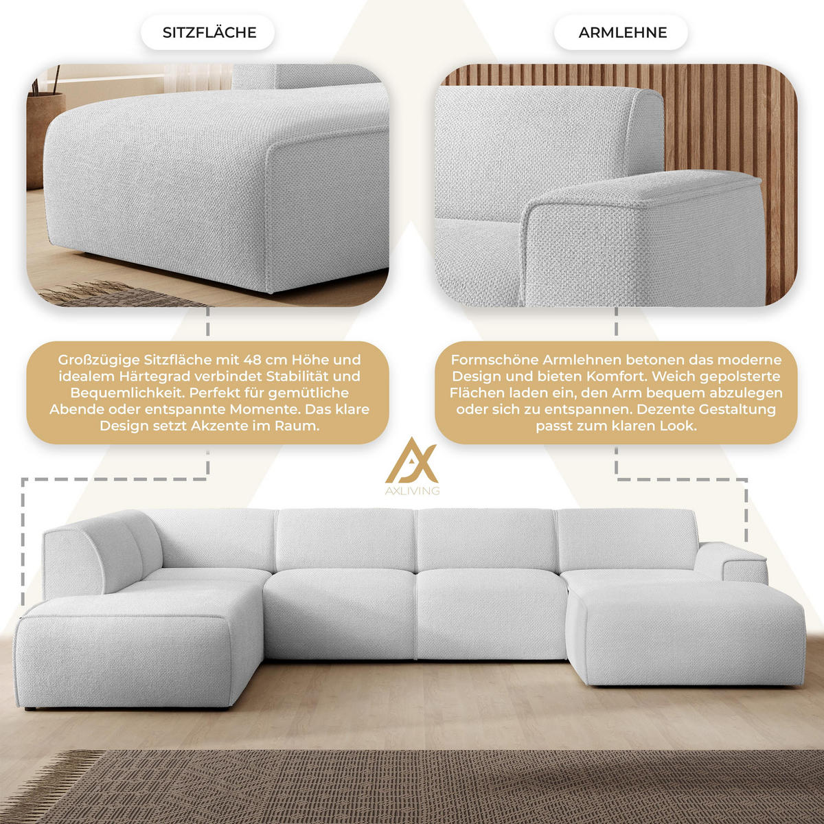 WOHNLANDSCHAFT Didim Ivory 378/220/78 cm – großes Sofa stilvoll & bequem L - Greige/Champagner, Kunststoff/Textil (220/78/378cm) - AX Living