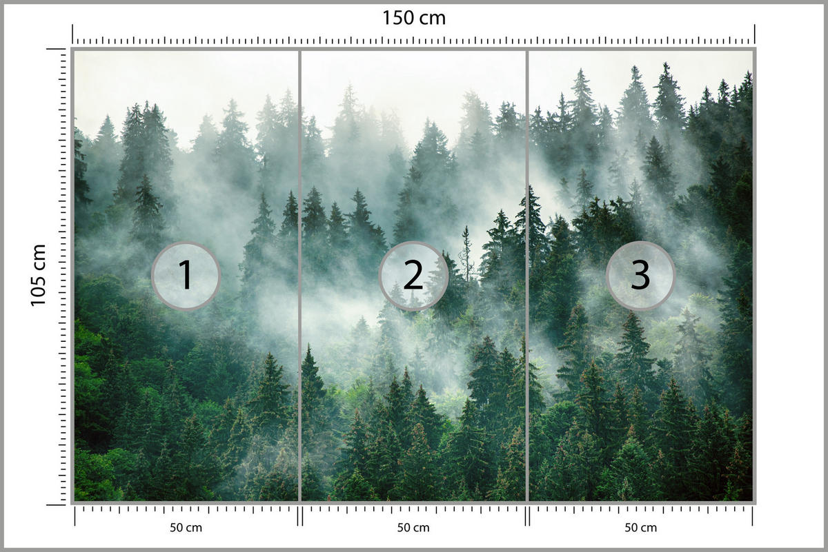 FOTOTAPETE für Küche Nadelbäume Nebelwald Mystisch Grün 150x105 - Grau/Grün, Papier (150/105cm) - Muralo