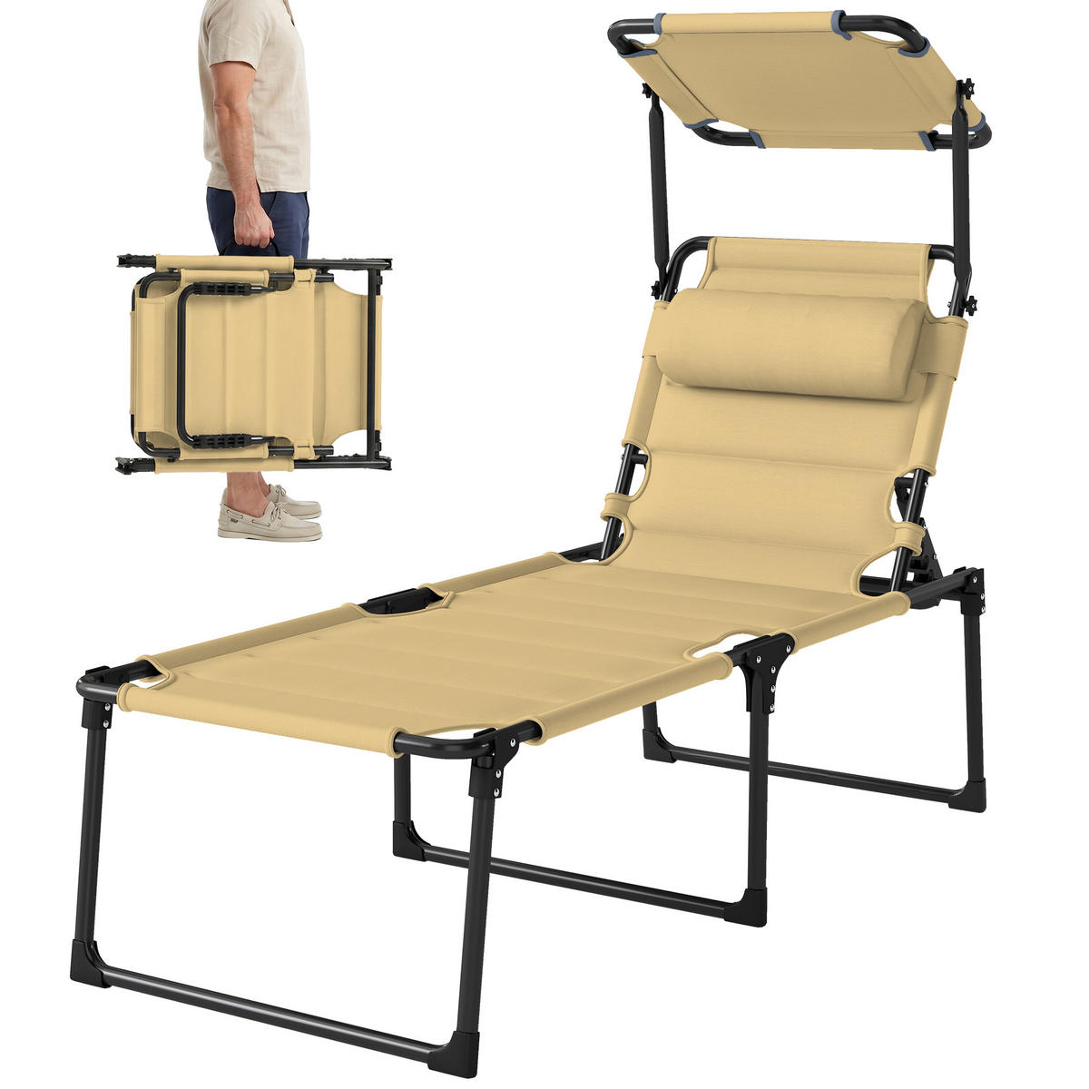 SONNENLIEGE DE-15640 70/200/45 cm mit Sonnendach & Kopfkissen Creme - Creme, Metall (70/45/200cm) - ComfortXL