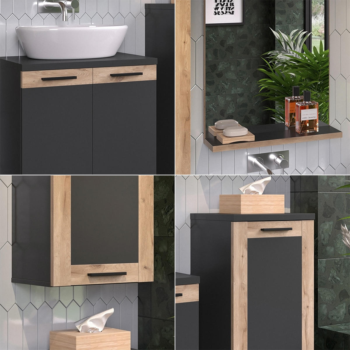 BADMÖBEL-SET Niko Anthrazit mit Midi, und Hängeschrank - Eichefarben/Anthrazit, Holzwerkstoff (60/59.1/34.3cm) - Vicco