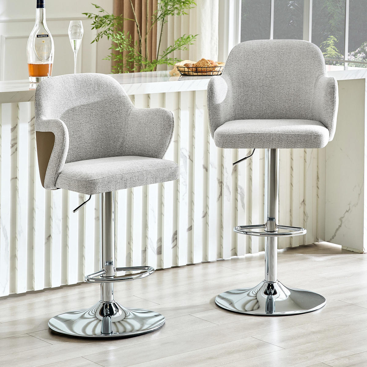 BARHOCKER 2er-Set höhenverstellbar drehbar Stoff Grey+Brown - Grau, Metall (37.6/118/45.1cm) - Meubliv