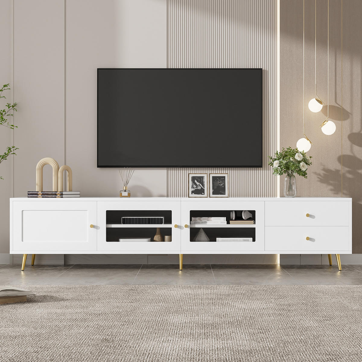 TV-SCHRANK 170/40/28 cm Weiß mit 2 Schubladen, 2 Glastüren und 1 Schranktür - Weiß, Holzwerkstoff/Metall (170/28/40cm) - Oxeza