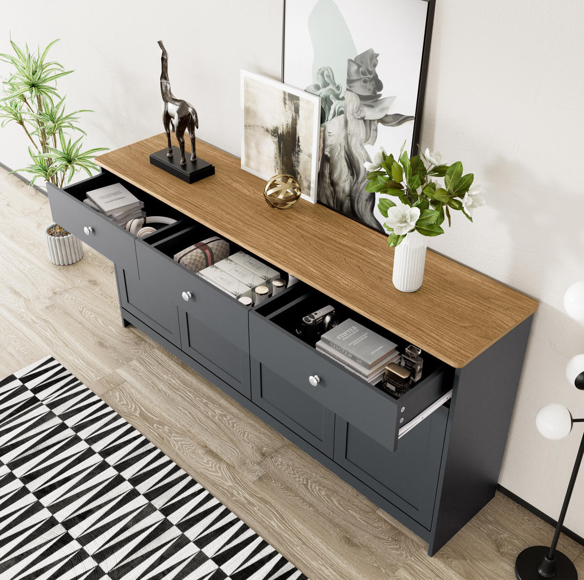 SIDEBOARD im Landhausstil aus MDF mit Holzplatte, 3 Schubladen und 4 Türen, 160/37/75 cm, grauschwarz und holzfarben - Grau, Holzwerkstoff (160/75/37cm) - Redom