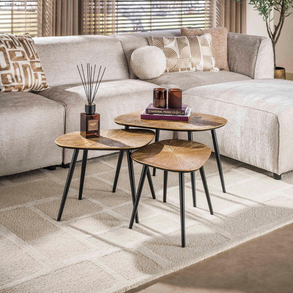 COUCHTISCH-SET TIZIANO RAGGIO 3-teilige Soft-Square Satztische in Antikgold - Goldfarben, Holz (51/62/43cm) - alesvelt