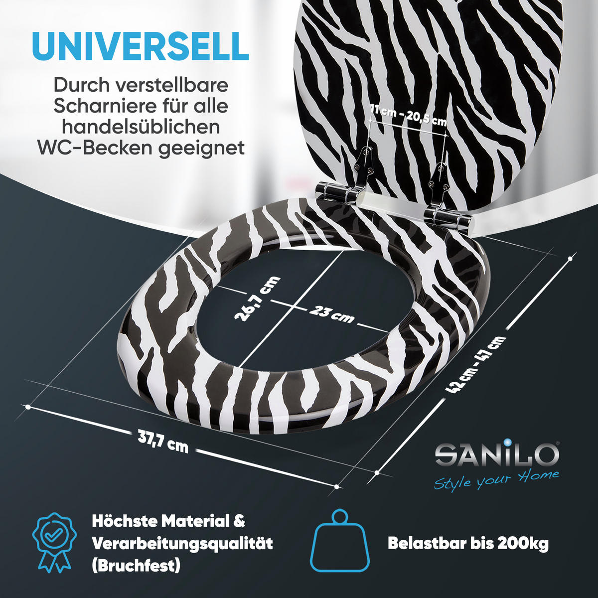 WC-SITZ mit Absenkautomatik Zebra Look - Schwarz, Holzwerkstoff (38/6/47cm) - Sanilo