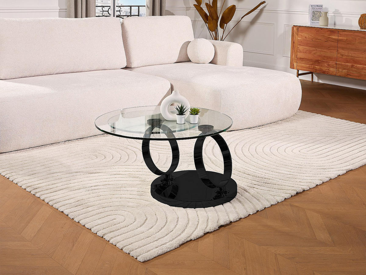 COUCHTISCH mit drehbaren Tischplatten - Sicherheitsglas & Metall - Transparent & Schwarz - JOLINE - Schwarz, Glas (131.5/80/42cm) - Vente-Unique