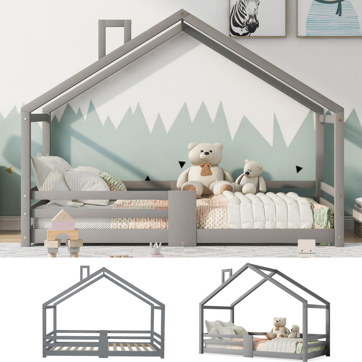 HAUSBETT 90/200 cm grau aus Kiefernholz mit Rausfallschutz - Grau, Holz (90/200cm) - OKWISH
