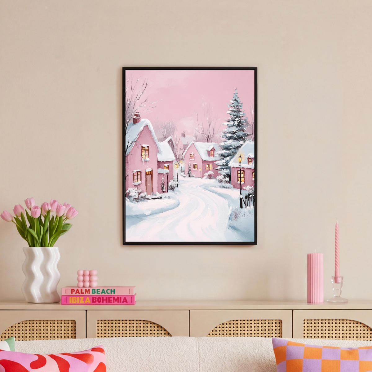 LEINWAND Bilder mit Rahmen - Weihnachtsdorf - Rosa - Winter - Schnee - Häuser - 50x70 - Altrosa, Textil (50/70cm) - MuchoWow