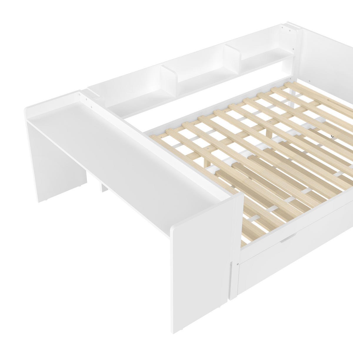 KINDERBETT aus Kiefernholz 140x200 cm Weiß mit Schreibtisch, Rollbett und Regalen - Weiß, Holzwerkstoff (140/200cm) - Modfu
