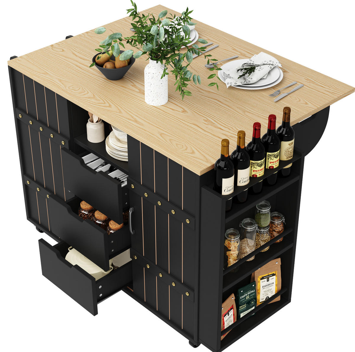 KÜCHENINSEL 110/42/90 cm aus MDF mit klappbarer Tischplatte und Schiebetüren Schwarz - Schwarz, Holzwerkstoff (110/90/42cm) - Modenvie